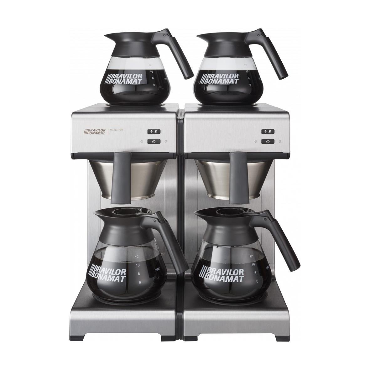 Två kaffebryggare med fyra kannor på ett ställning, svart och silver design