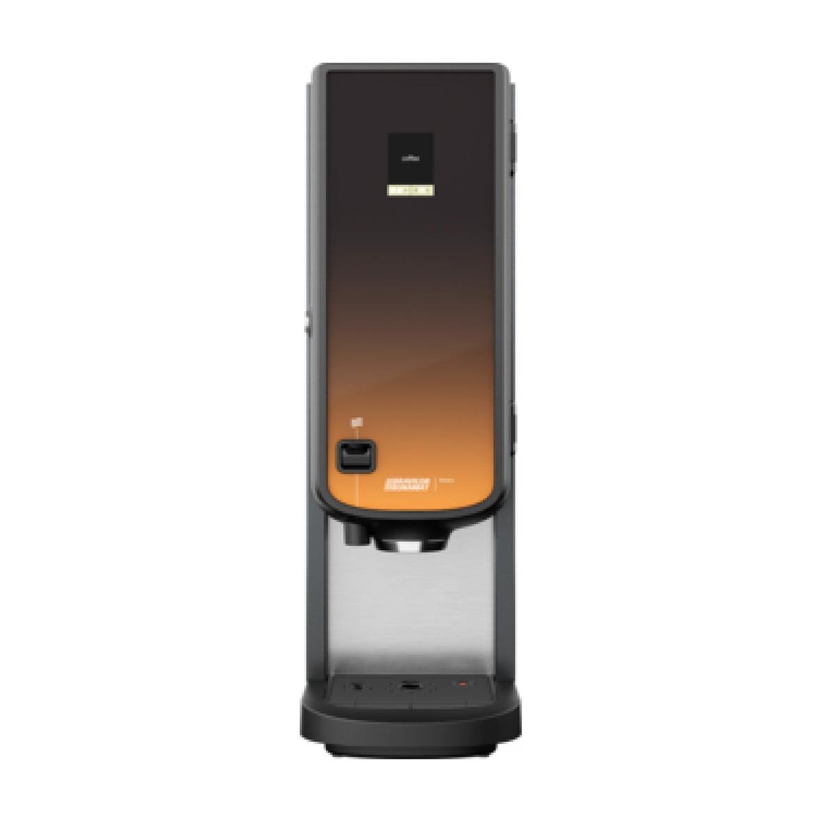 Vattenautomat med svart och orange design och dispenser för drycker