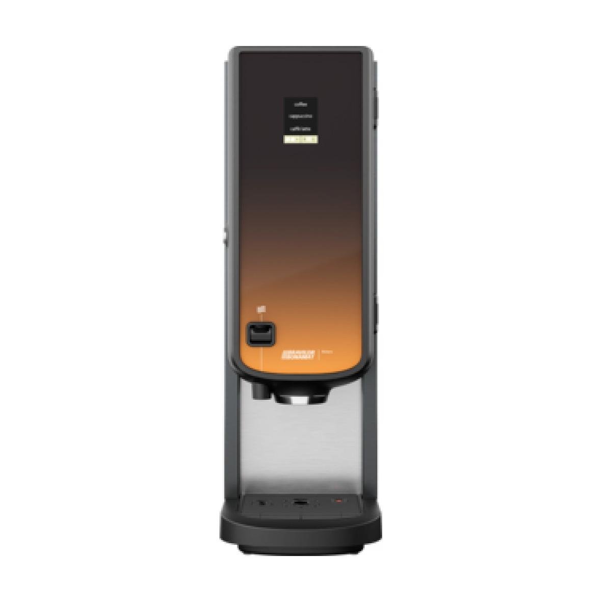 Vattenautomat med svart och orange design och två utgångar för drycker