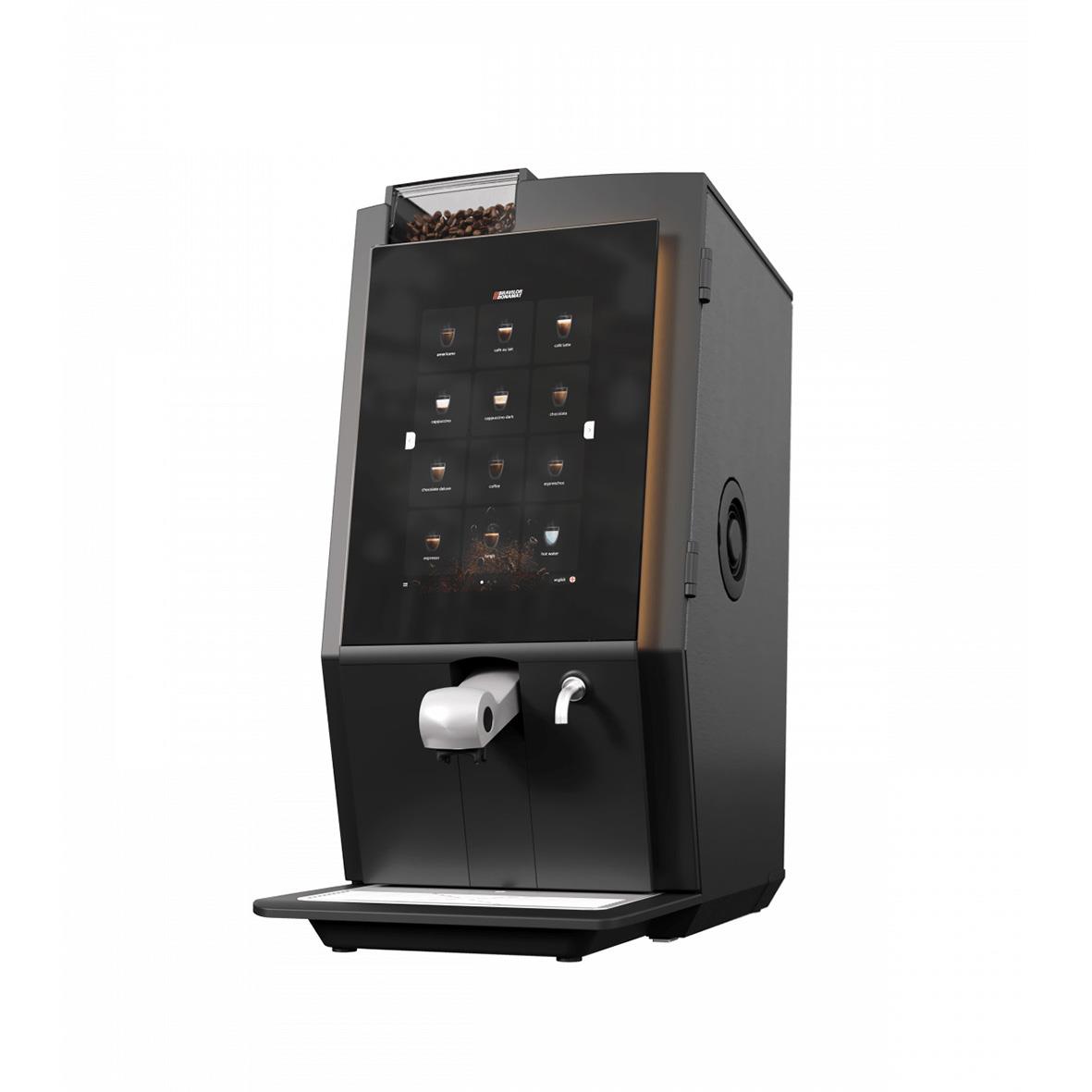 Svart kaffemaskin med glasdörr och droppbricka