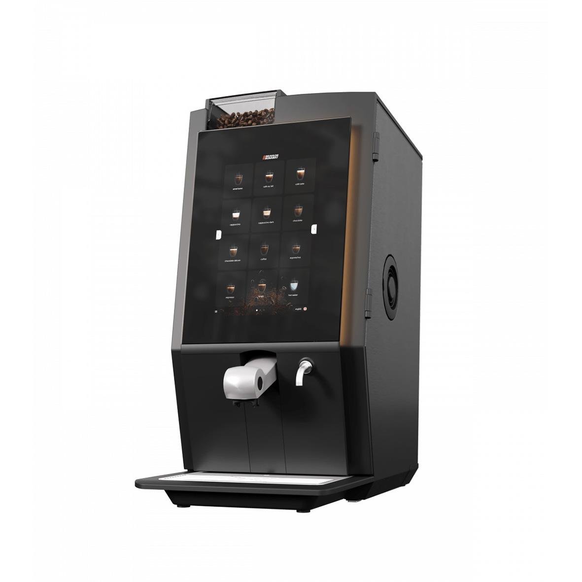 Svart kaffemaskin med glasdörr och droppbricka