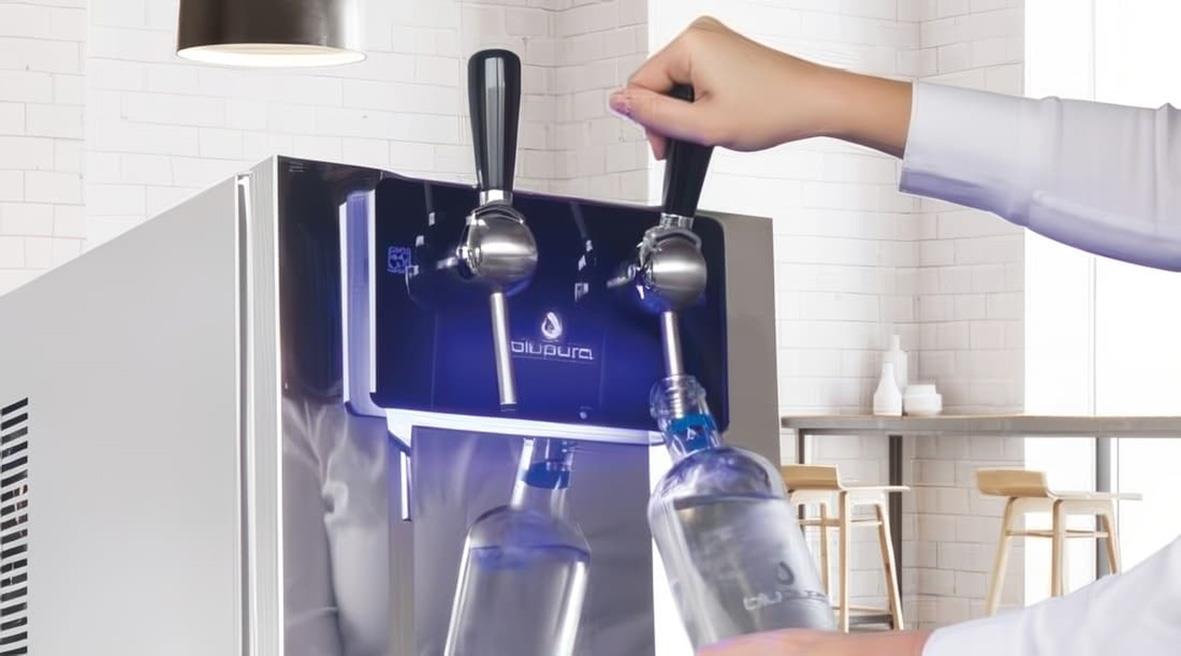 Person fyller vatten i vattenmaskin Escowa Blubar Tap Fizz 30 med Blutron