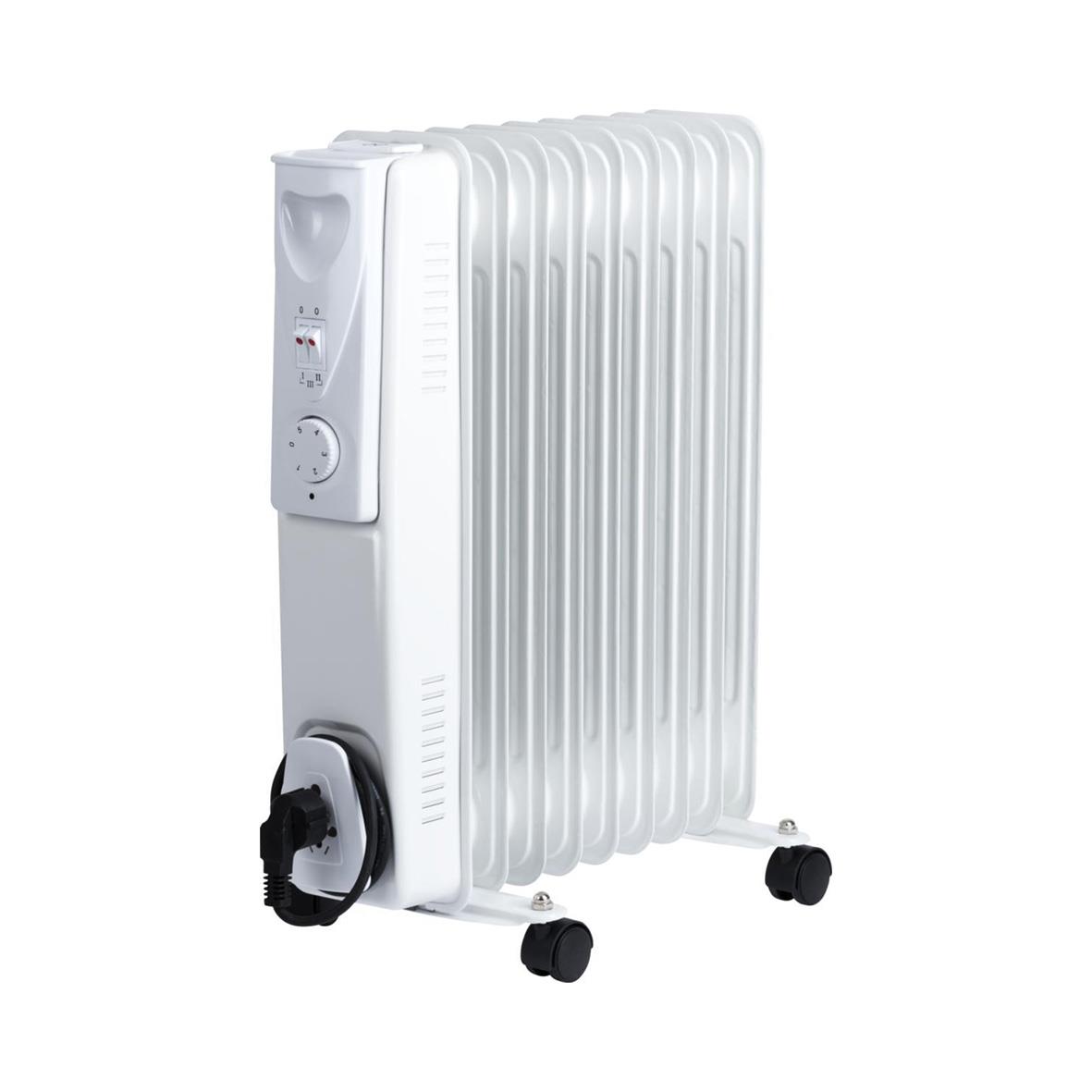 Vit oljefylld Element Gelia 2000W radiator med hjul och kontrollpanel