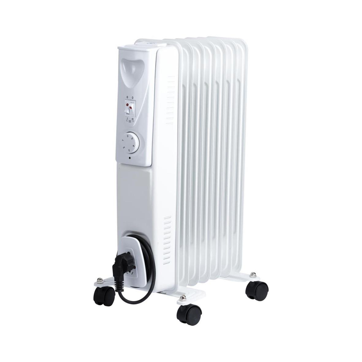 Vit oljefylld elementvärmare med 1500W och hjul för enkel flytt