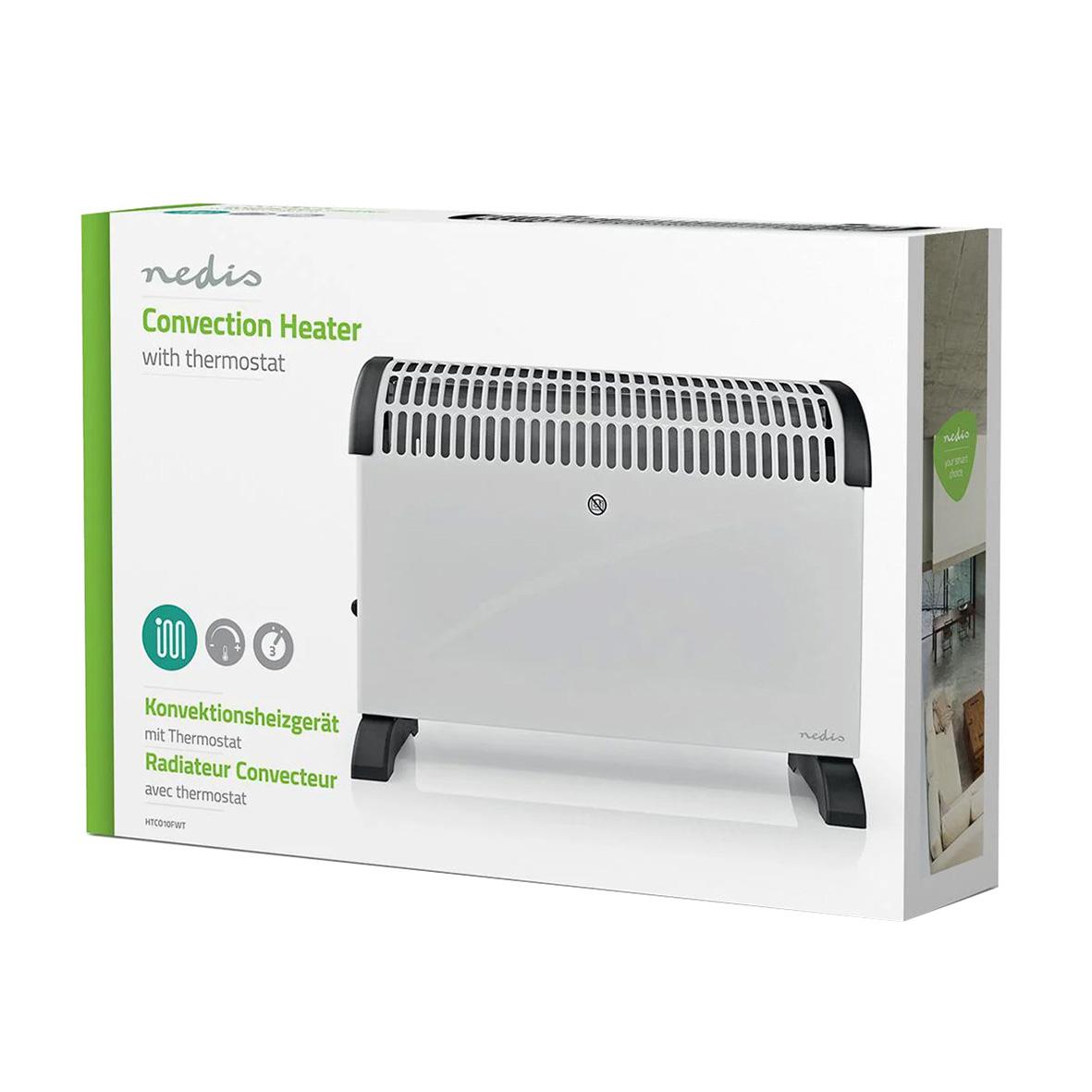 Vit Nedis 2000W konvektionsvärmare med termostat i förpackning