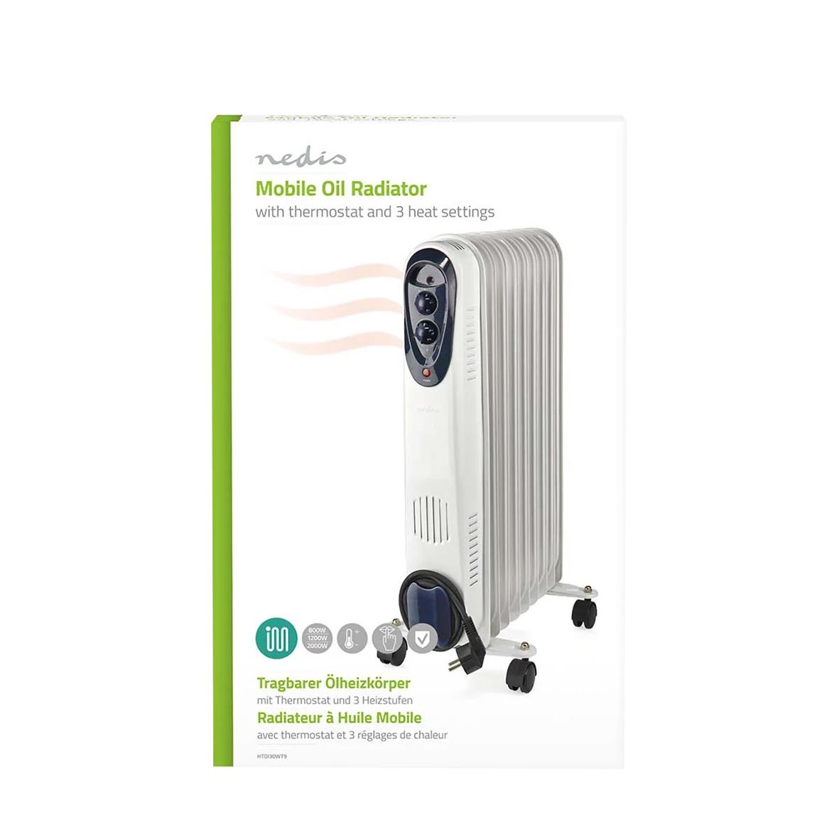 Vit oljefylld radiator med kontrollpanel och hjul, Nedis-märke