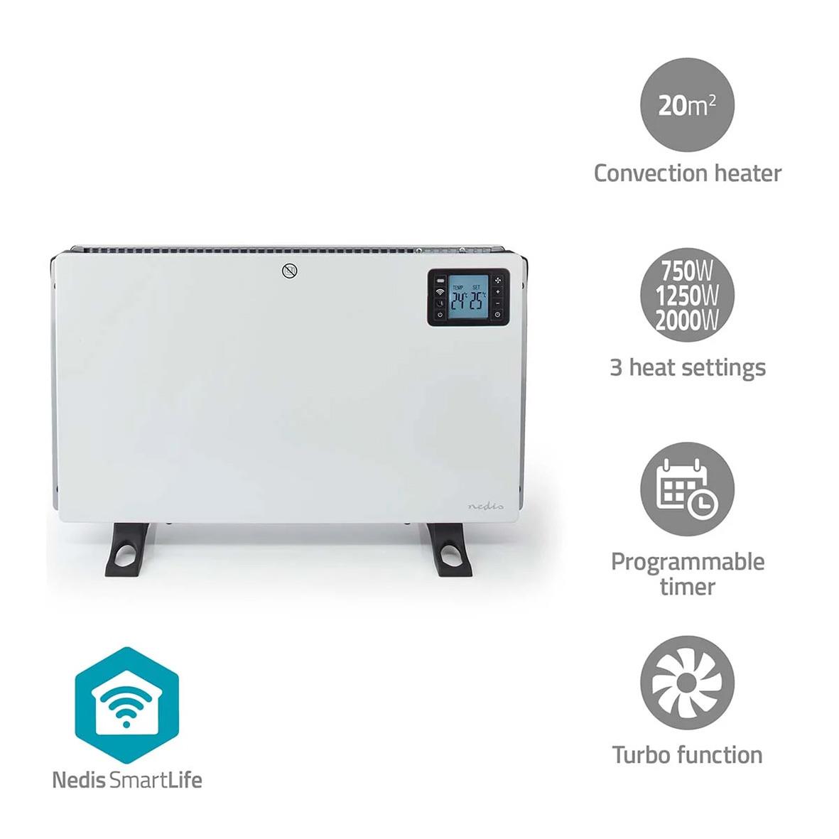 Vit portabel Nedis 2000W Smartlife värmeelement med digital display, 3 värmelägen, timer och turbo funktion
