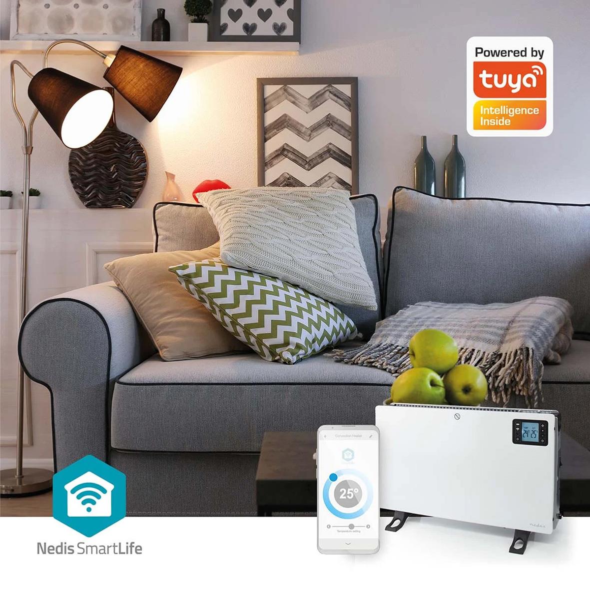 Portabel vit Element Nedis 2000W Smartlife värmepanel på soffbord med fjärrkontroll och smartphone