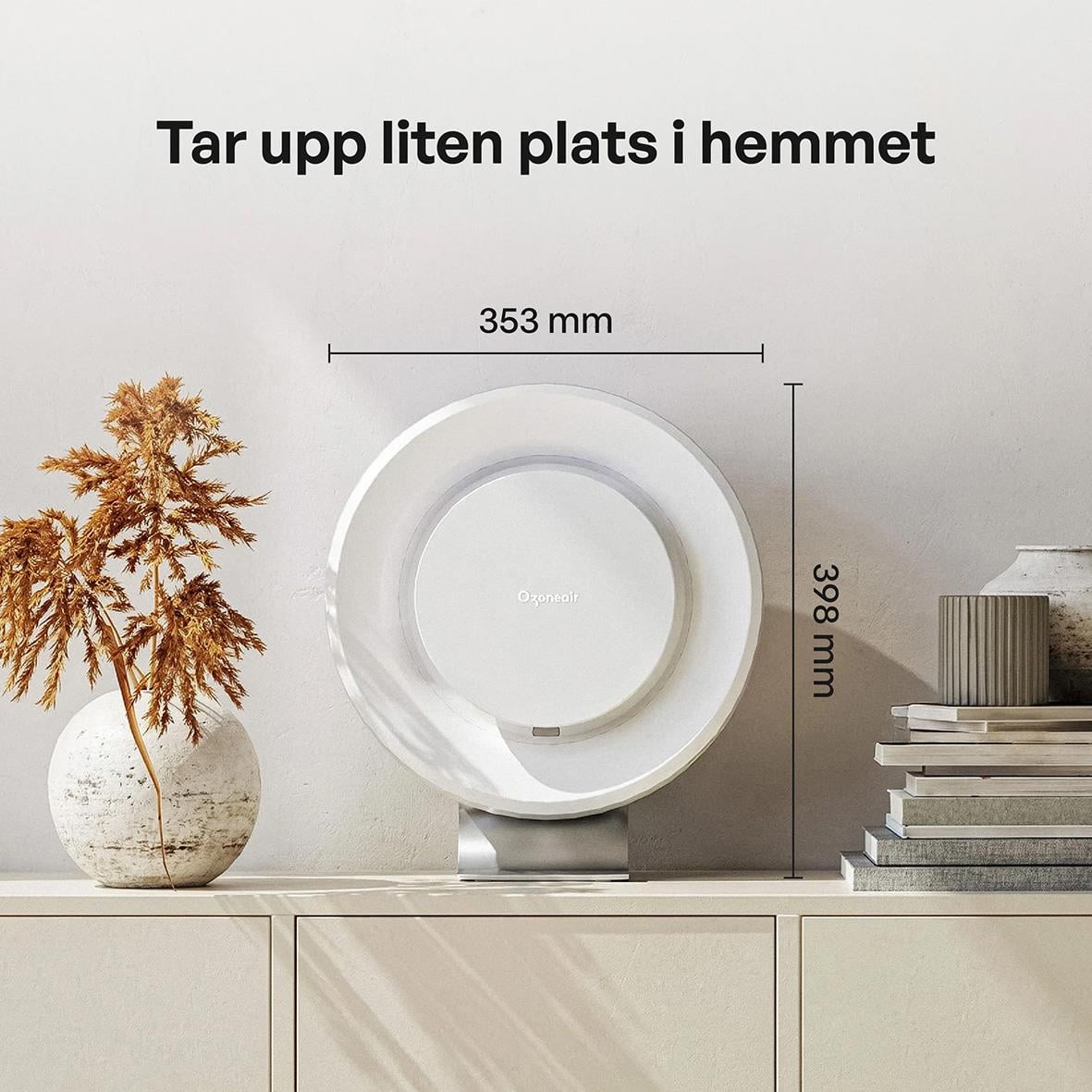 Luftrenare Ozoneair Purify 60 Pro på en vit yta med växt och böcker
