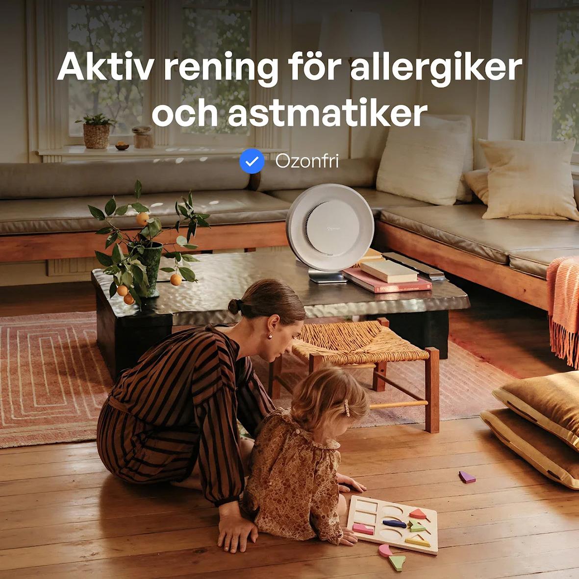 Luftrenare Ozoneair Purify 60 Pro för aktiv rening av luft för allergiker och astmatiker i ett vardagsrum