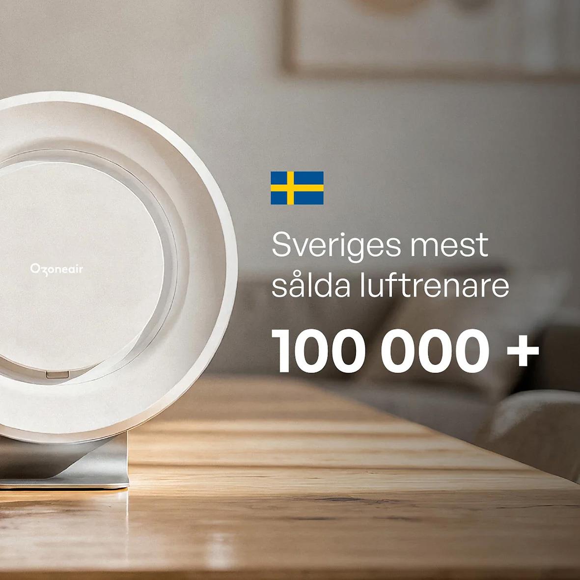 Luftrenare Ozoneair Purify 60 Pro med svensk flagga och text om försäljning över 100 000