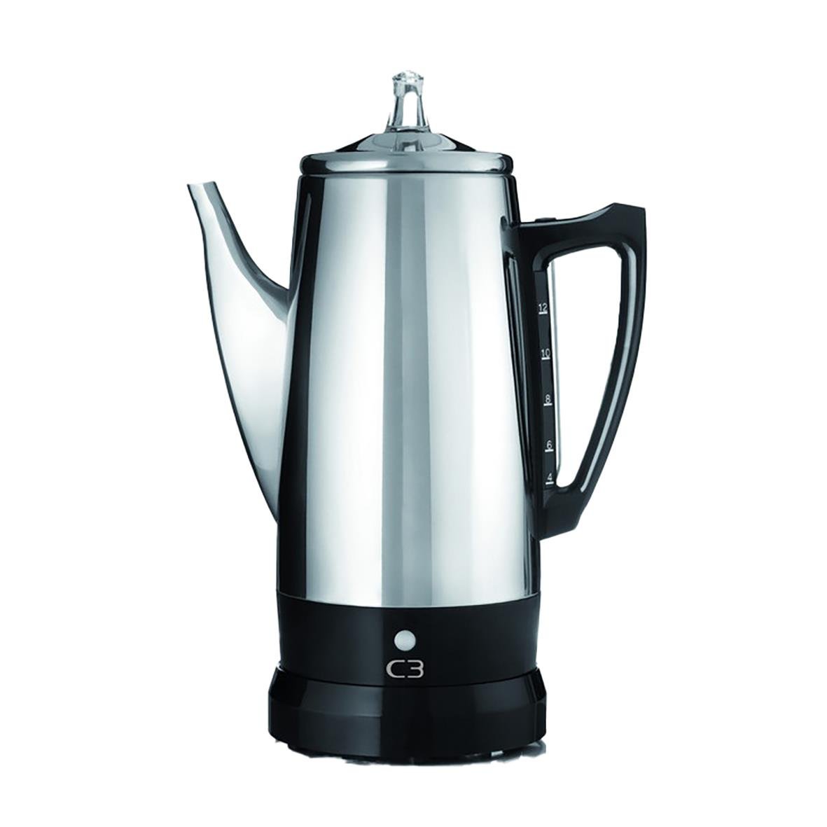 Perkulator Basic C3 Eco sladdlös kaffekokare i rostfritt stål med svart bas och handtag