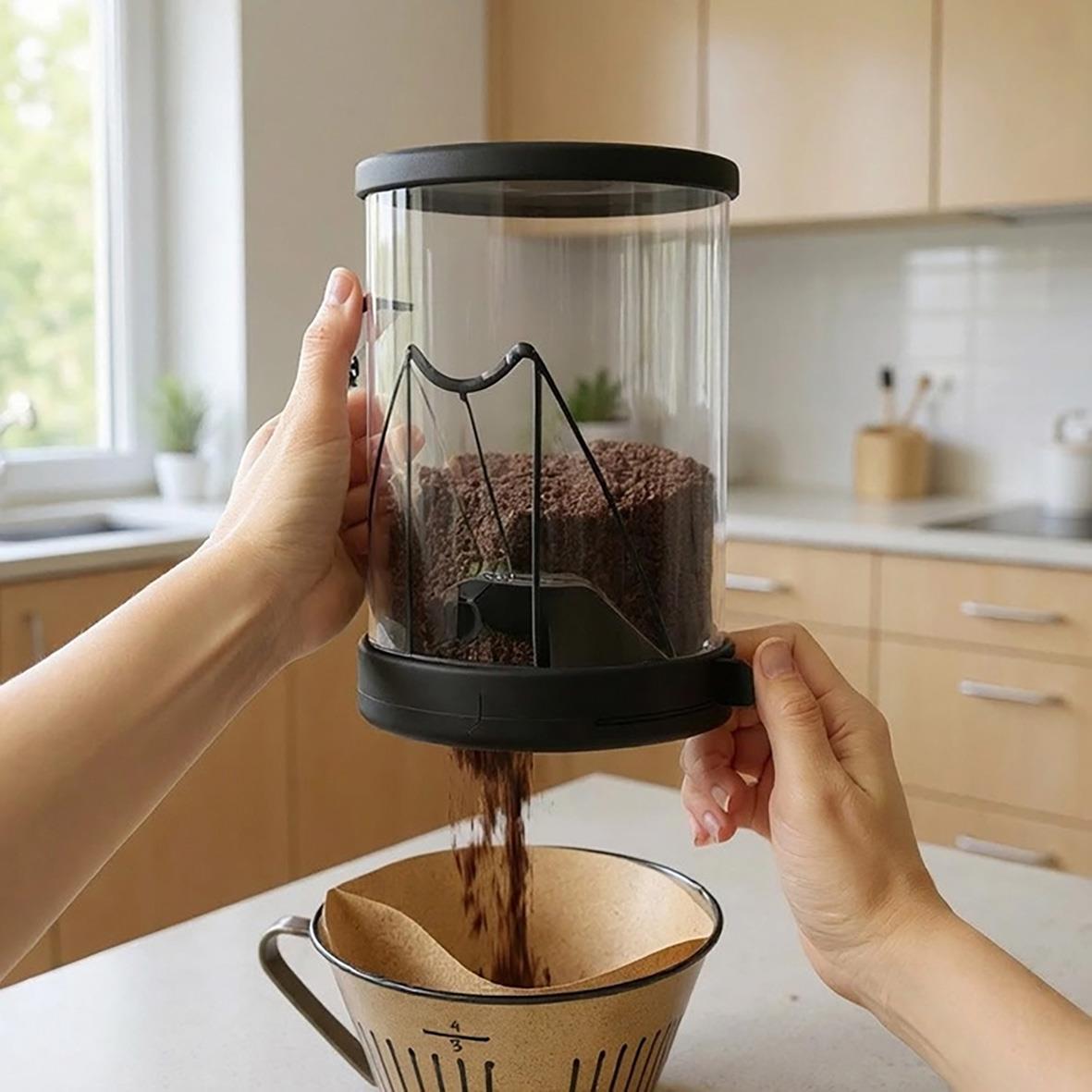 Kaffedoserare i genomskinlig behållare med svart lock, doserar kaffe i filter