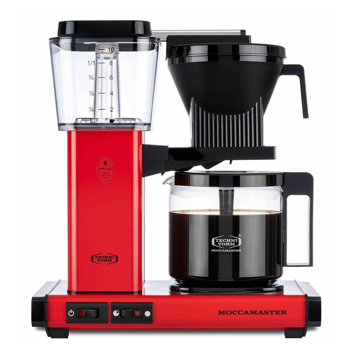 Röd kaffebryggare Moccamaster med filter och kanna