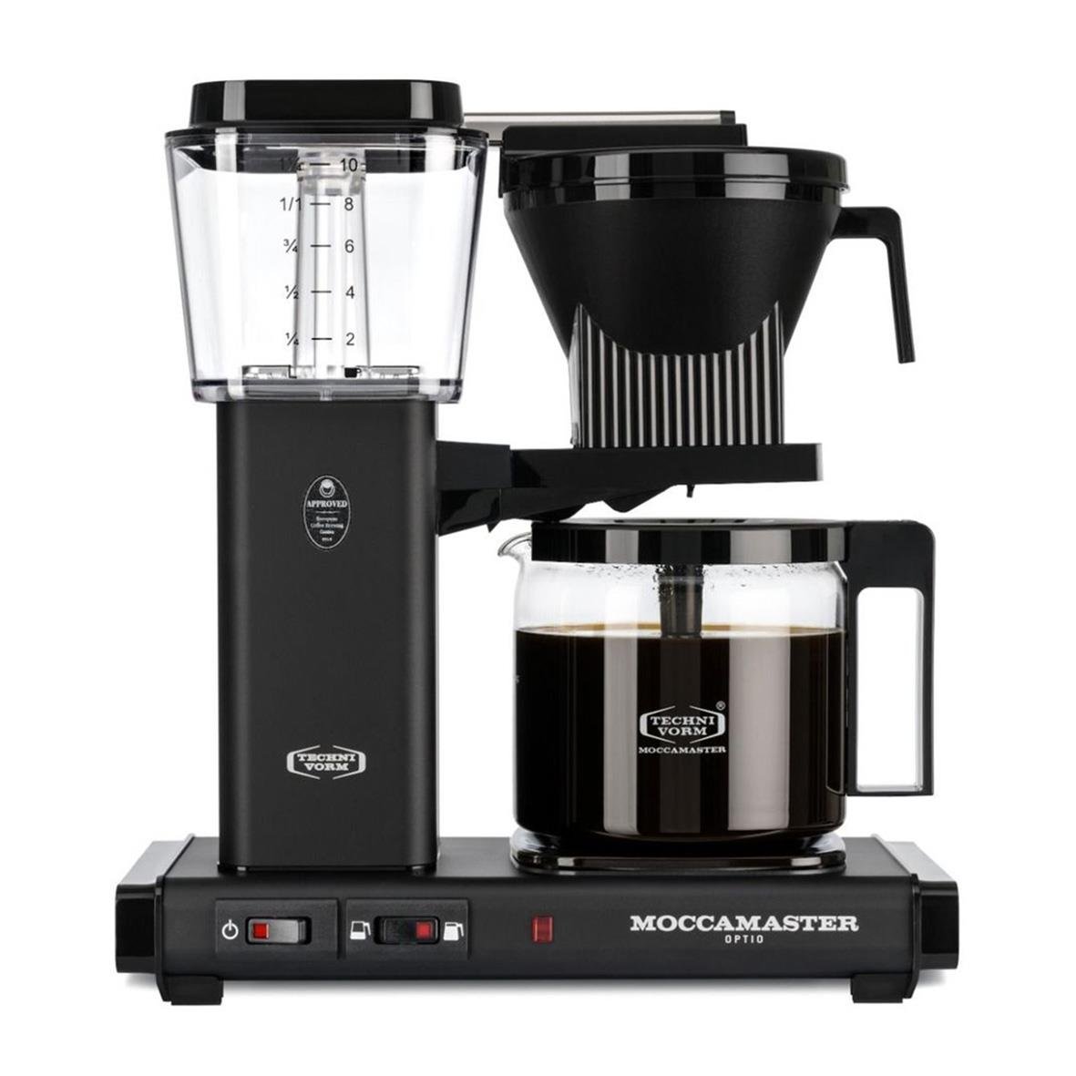 Kaffebryggare Moccamaster Optio i matt svart med kanna och filterhållare