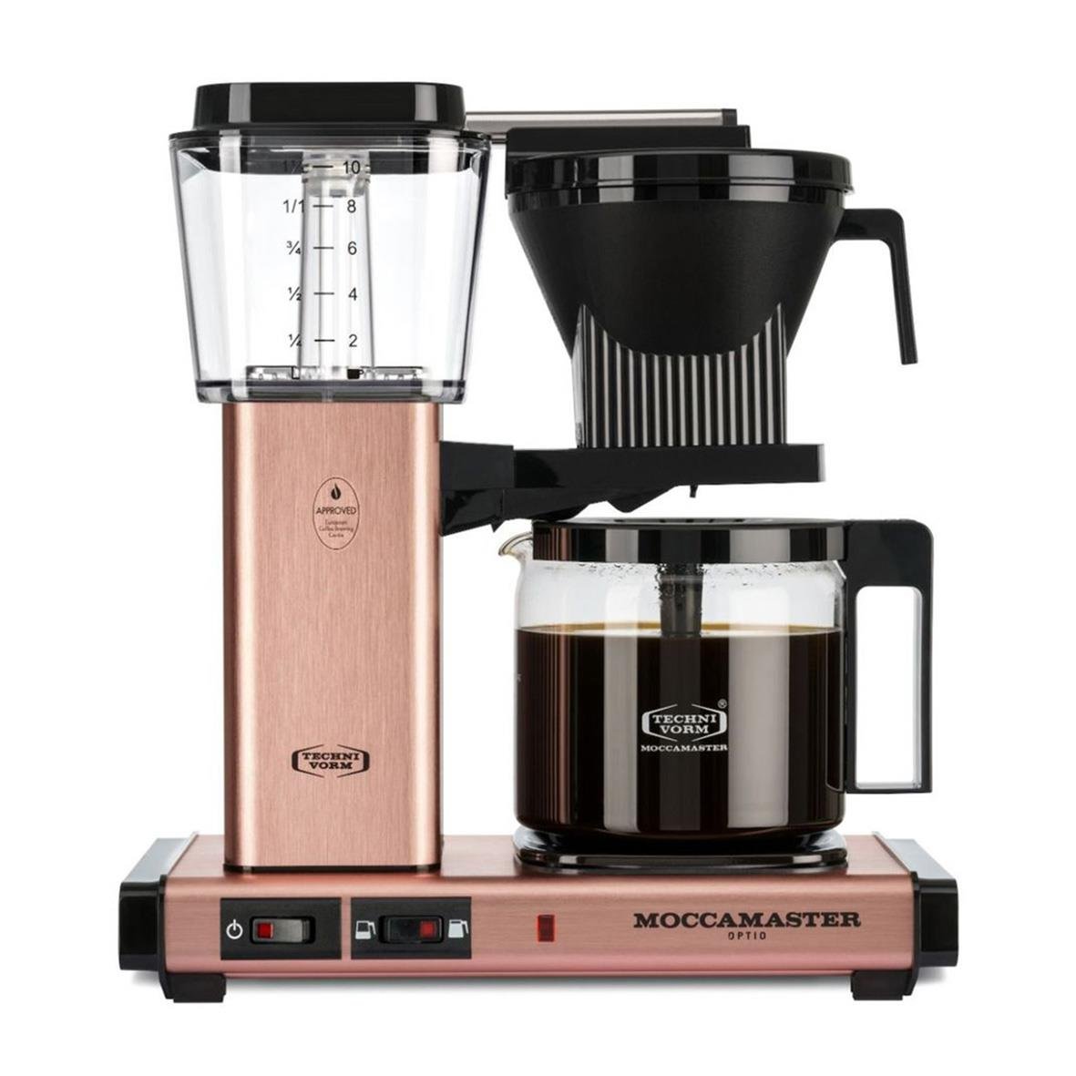 Kaffebryggare Moccamaster Optio i roséguld med kaffekopp och vattenbehållare