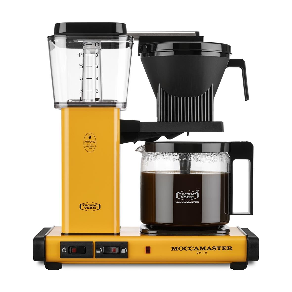 Kaffebryggare Moccamaster Optio Yellow Pepper i gult och svart med kaffekopp