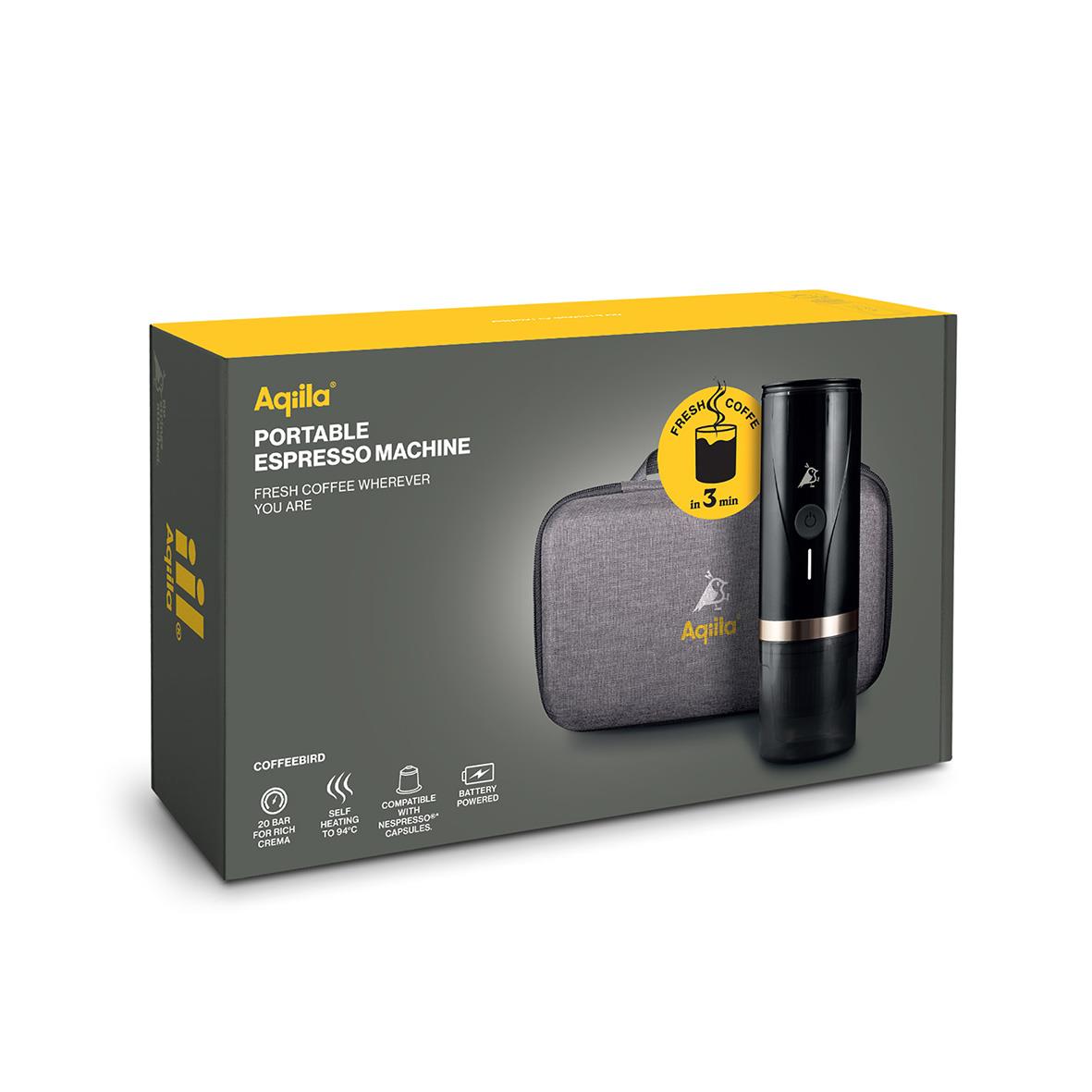 Portabel espressomaskin från Aqila Coffebird med batteri och tillbehör i väska