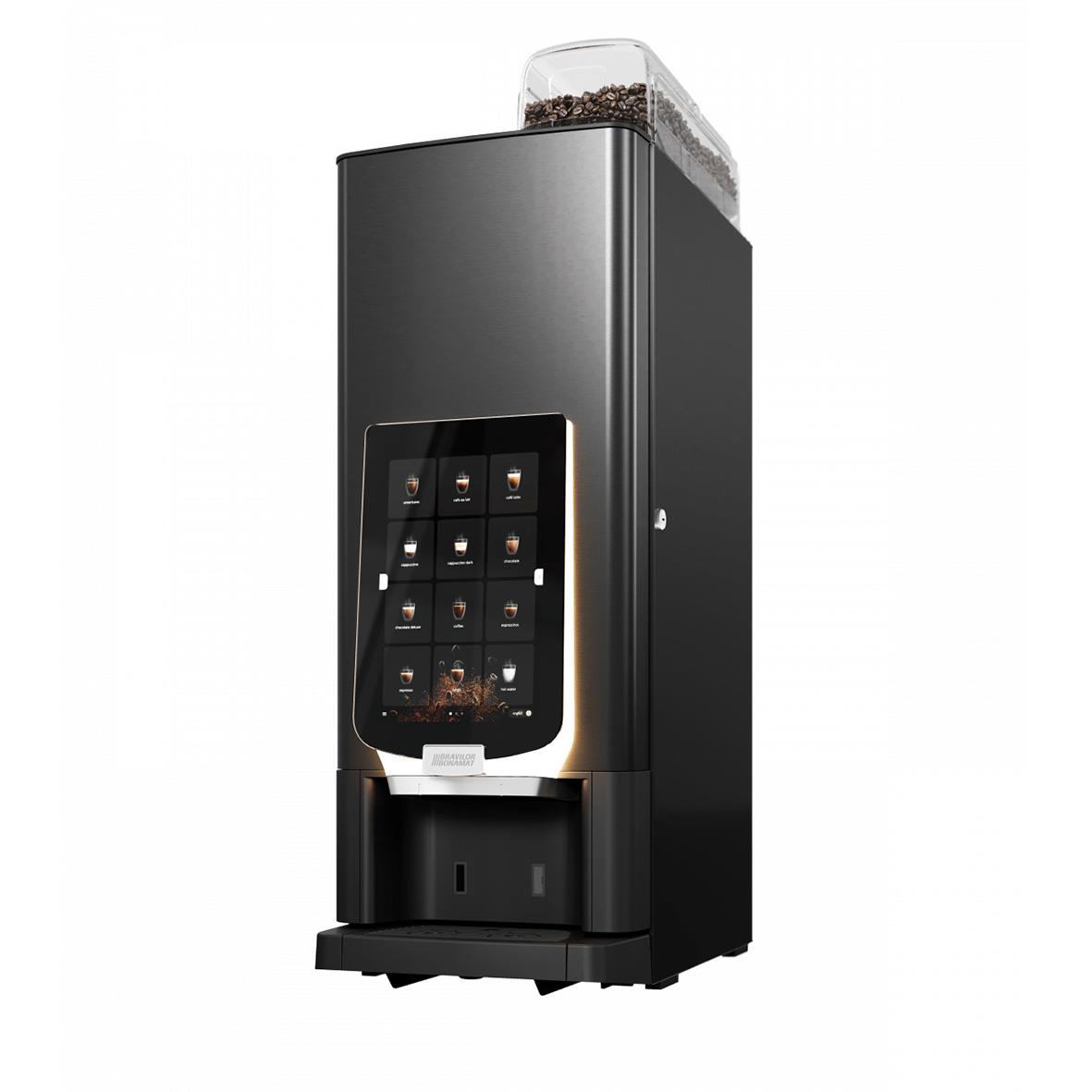 Svart kaffemaskin med digital display och bönbehållare på toppen