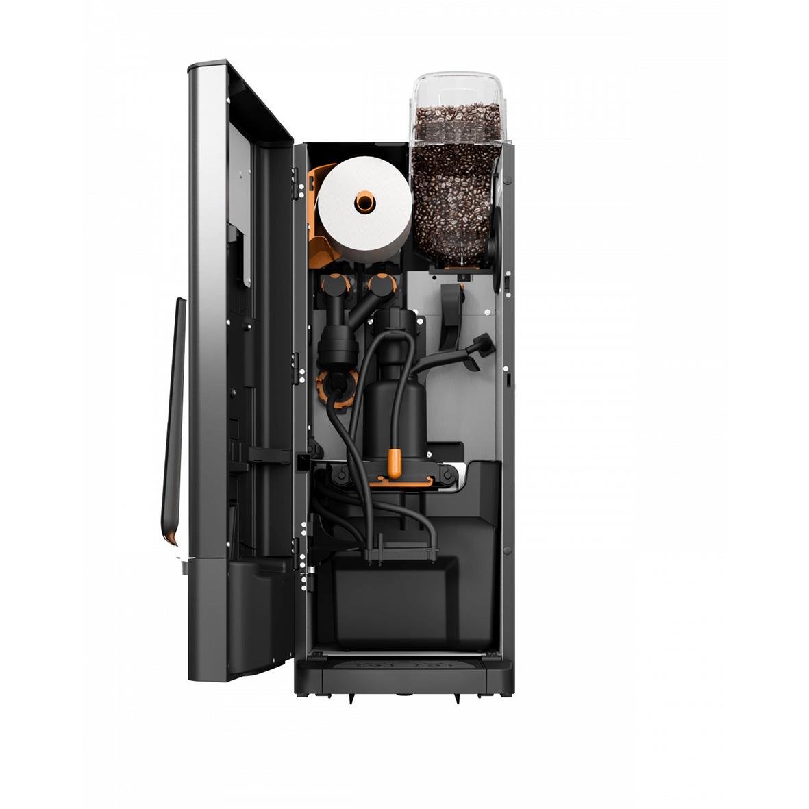 En kaffemaskin med öppen lucka som visar inre delar och behållare för vatten och kaffe
