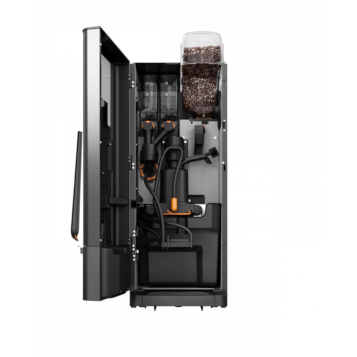 Kaffemaskin med vattenbehållare och olika delar synliga inuti