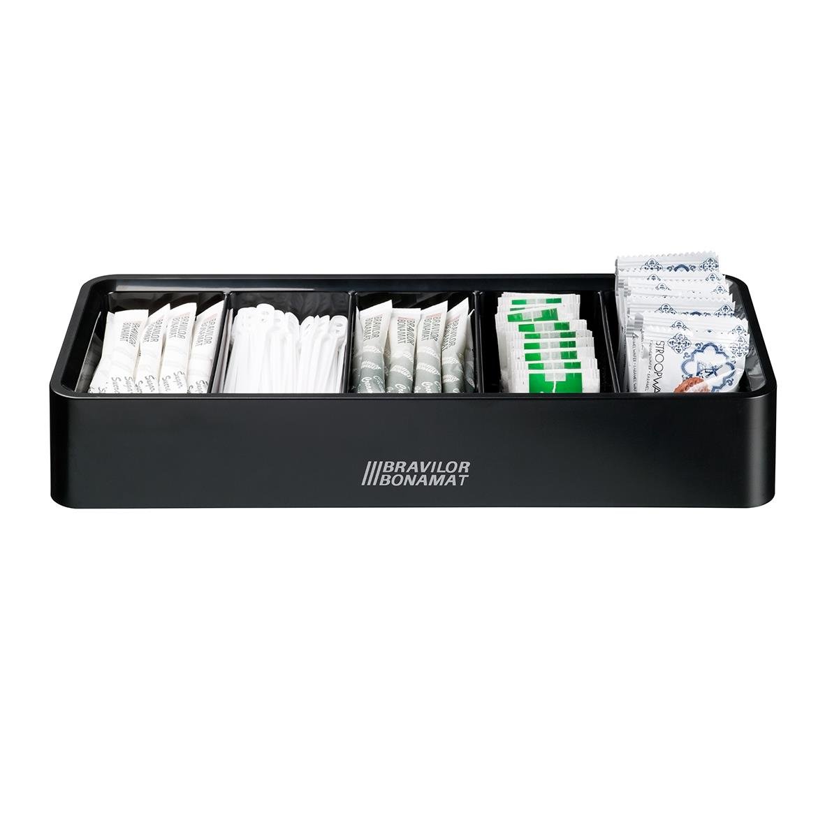 Svart tillbehörsbox för Bonamat med olika förpackningar och tillbehör