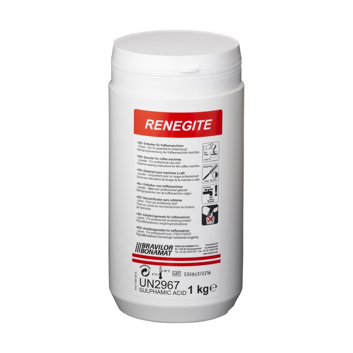 Avkalkningsmedel Bonamat Renegite 1kg i vit behållare med röd etikett