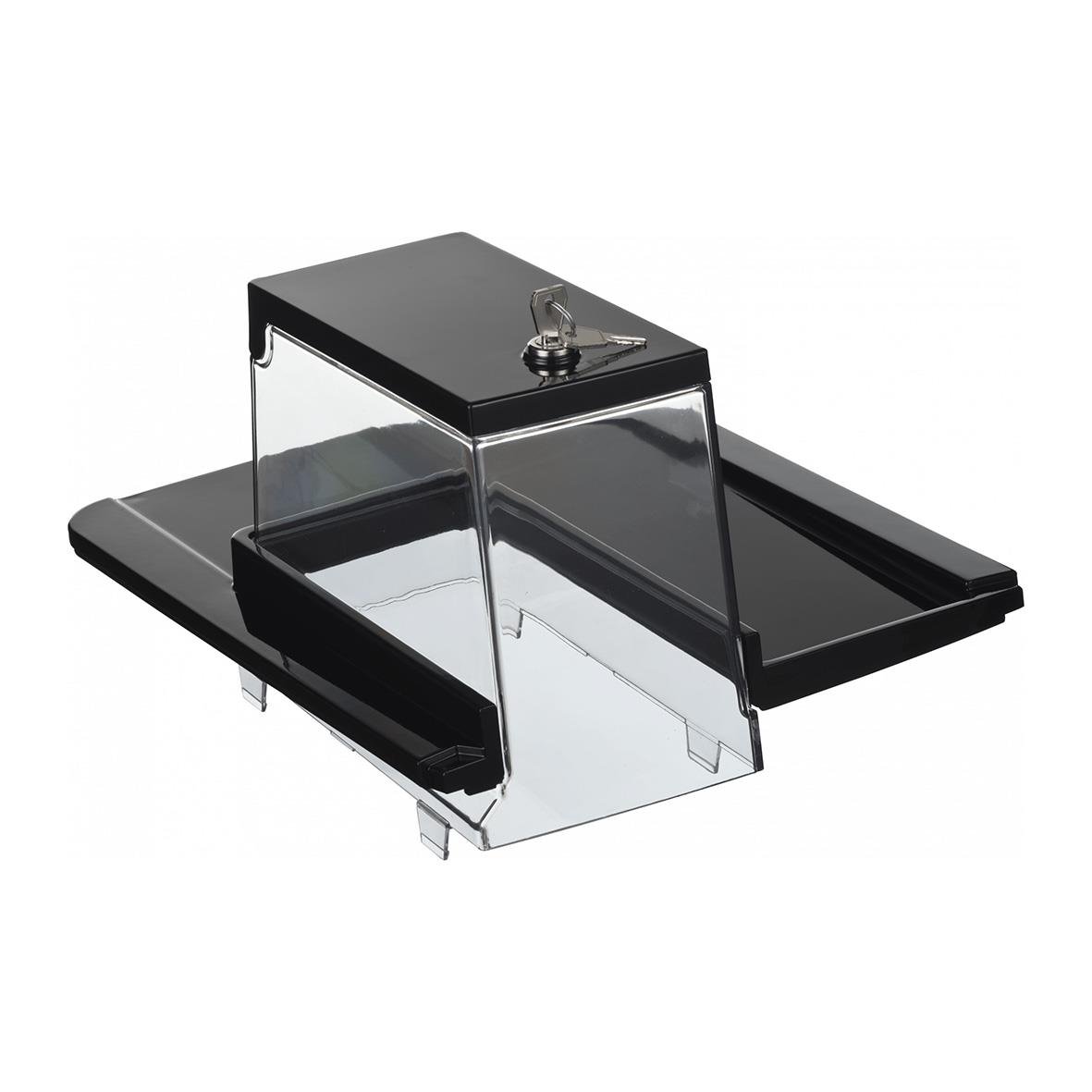 En svart och transparent maskin med en glasskiva och en liten glaskula på toppen