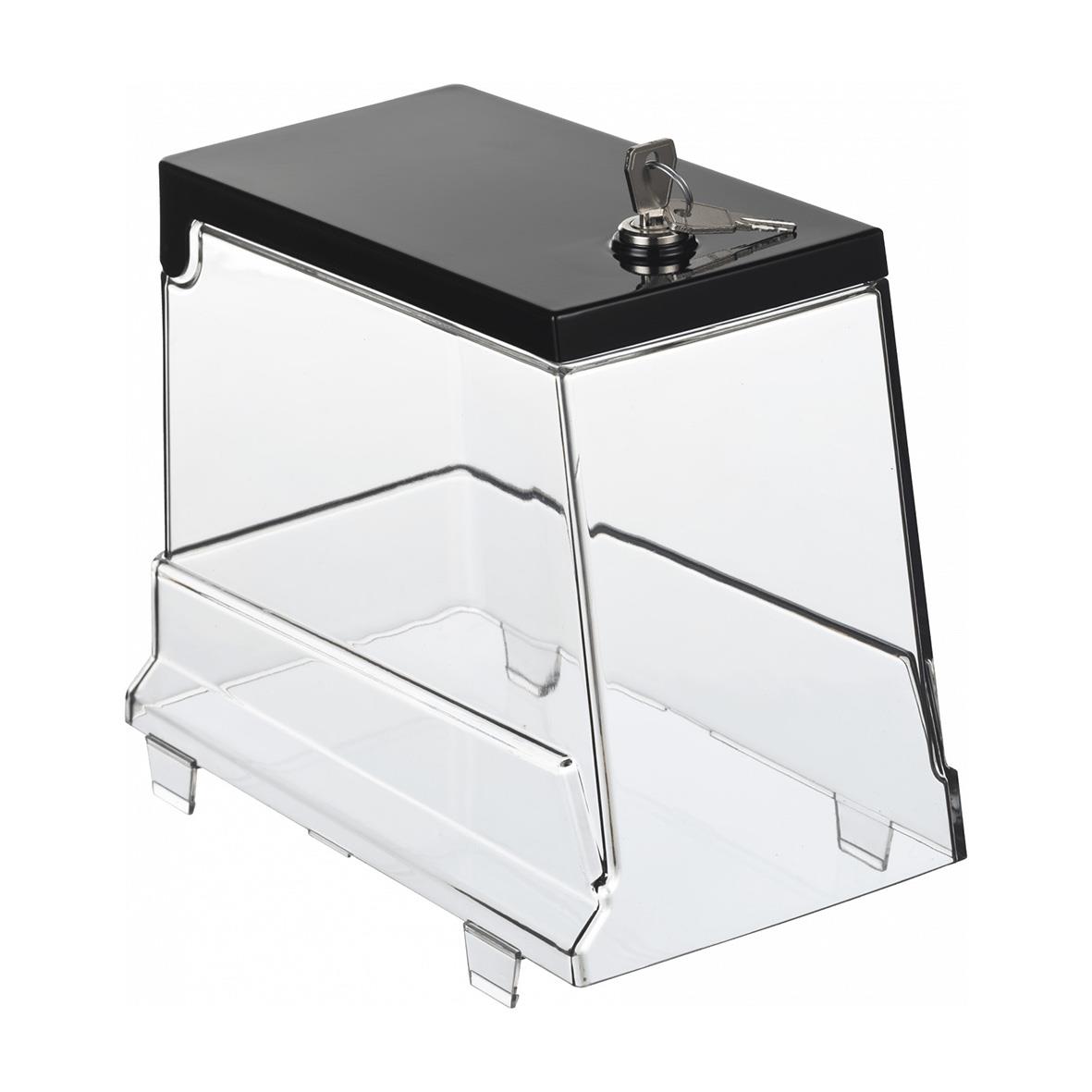 Transparent kassaskåp med svart lock och nyckel på toppen