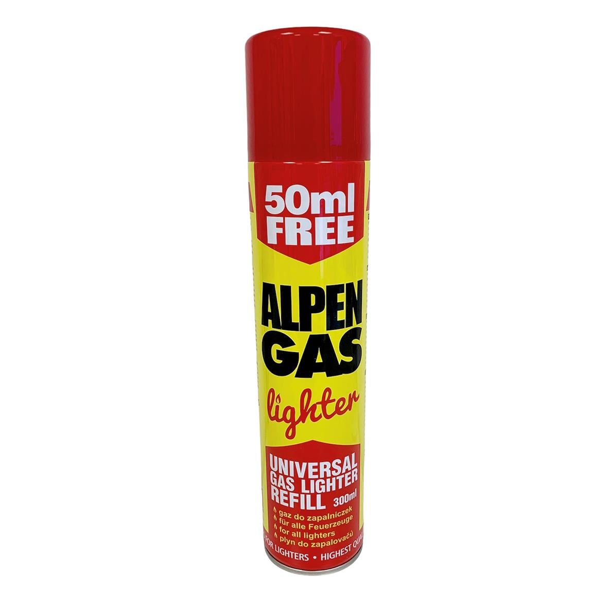 Alpen Gas tändgas i sprayflaska med röd topp och gul etikett, 300ml, 168g, 50ml gratis
