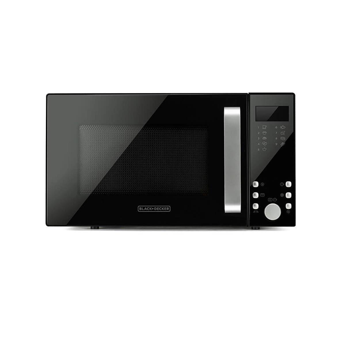 Svart mikrovågsugn med digital display och kontrollpanel