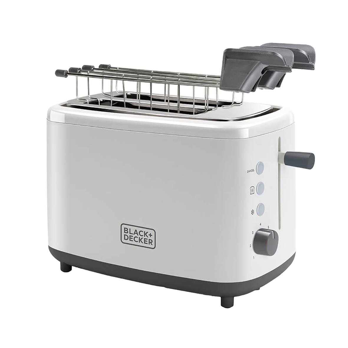 Vit brödrost från Black+Decker med plats för 2 skivor, justerbar inställning och avkylning