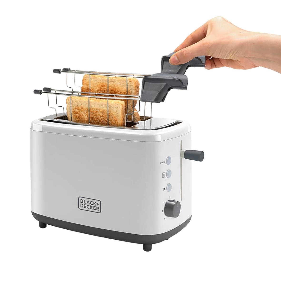 Vit brödrost från Black+Decker med plats för 2 skivor, rör sig för att rosta bröd