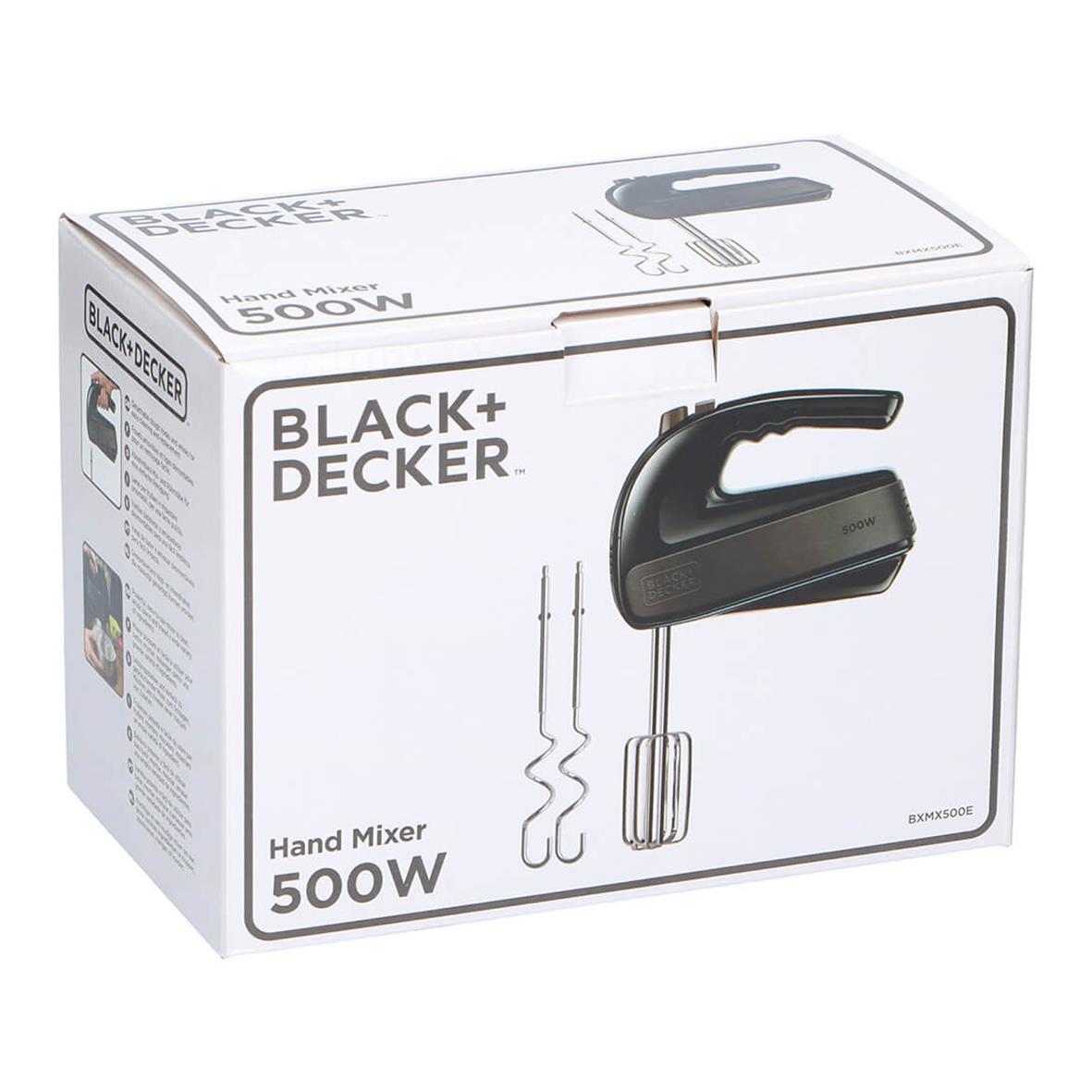 Elvisp Black+Decker 500w i vit box med bild av handmixer och tillbehör