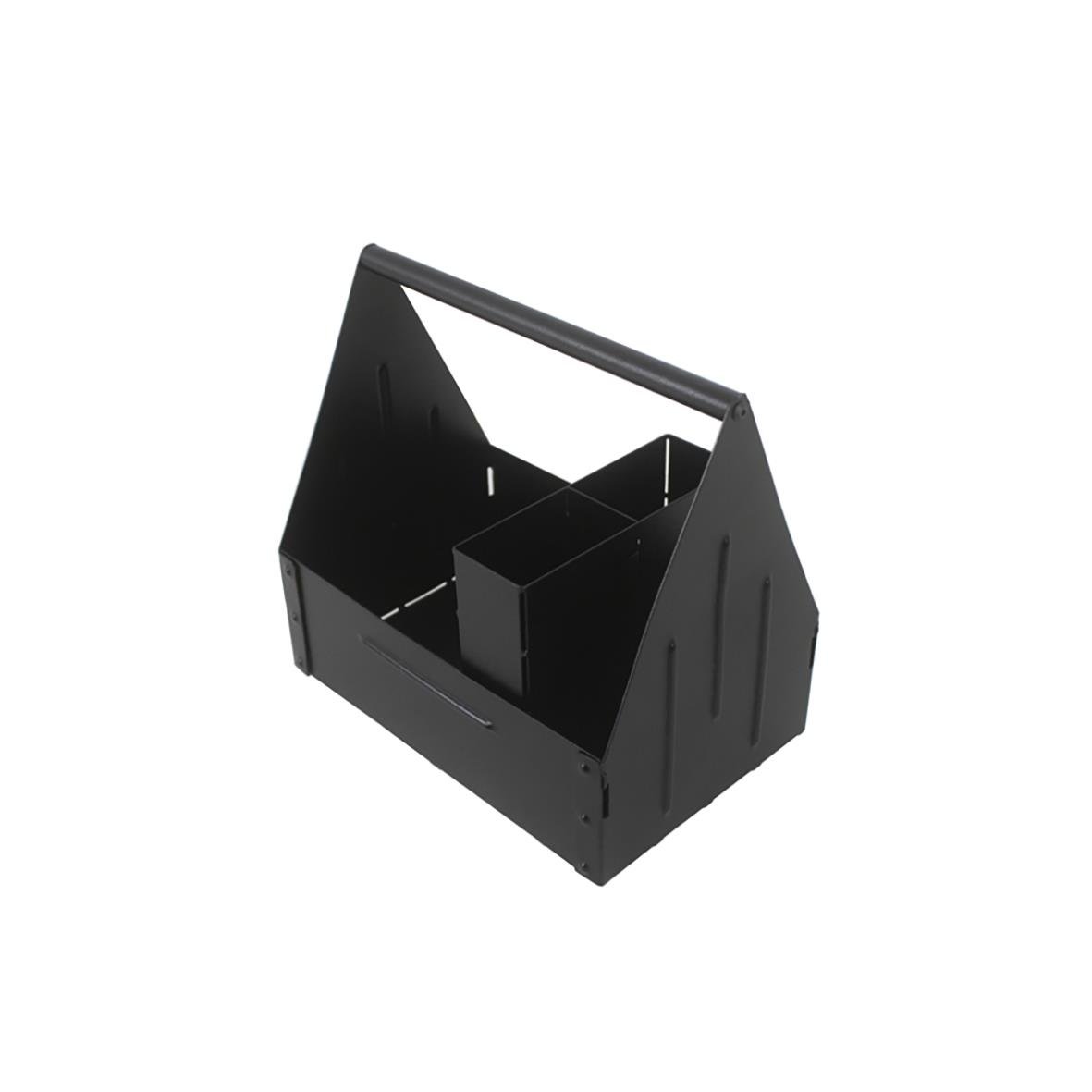 Svart besticklåda med handtag, mått 14,5x21x21,8cm, för förvaring av bestick