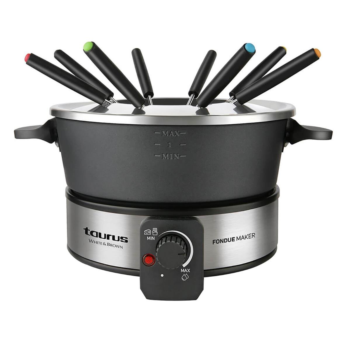 Fonduegryta Taurus 1000W med åtta färgade pinnar och justerbar temperaturkontroll