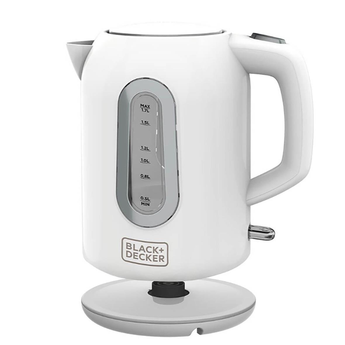 Vit vattenkokare från Black+Decker med 1,7L kapacitet och vattennivåmätare