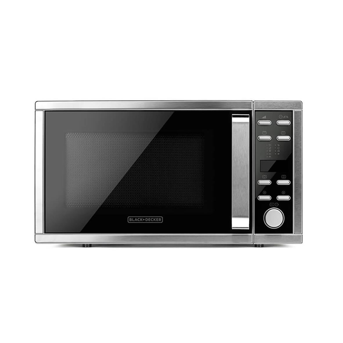 Svart mikrovågsugn Black+Decker 900W med digital display och kontrollpanel