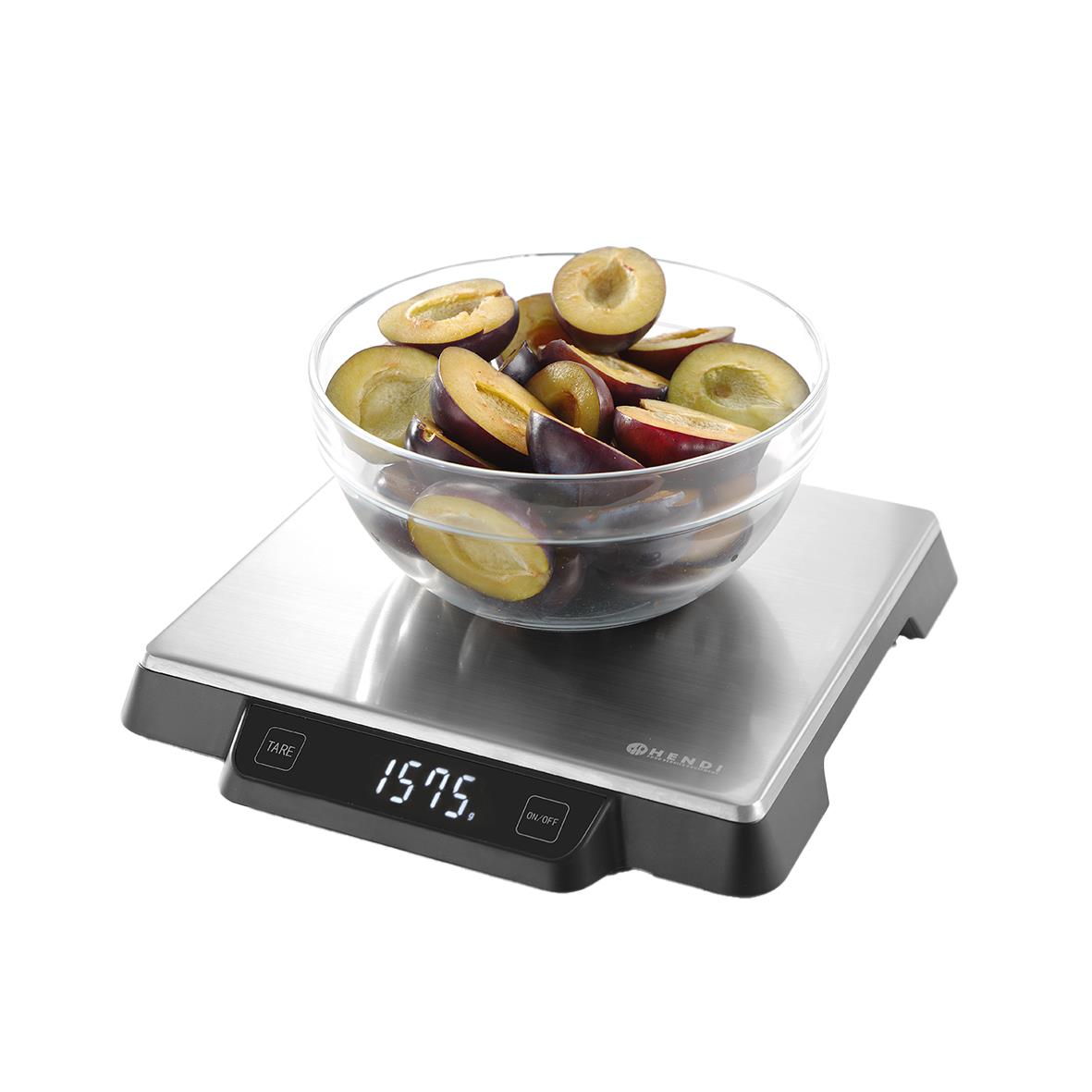Köksvåg Hendi Max 15kg, 266x269x34mm, digital display, med en skål med frukt