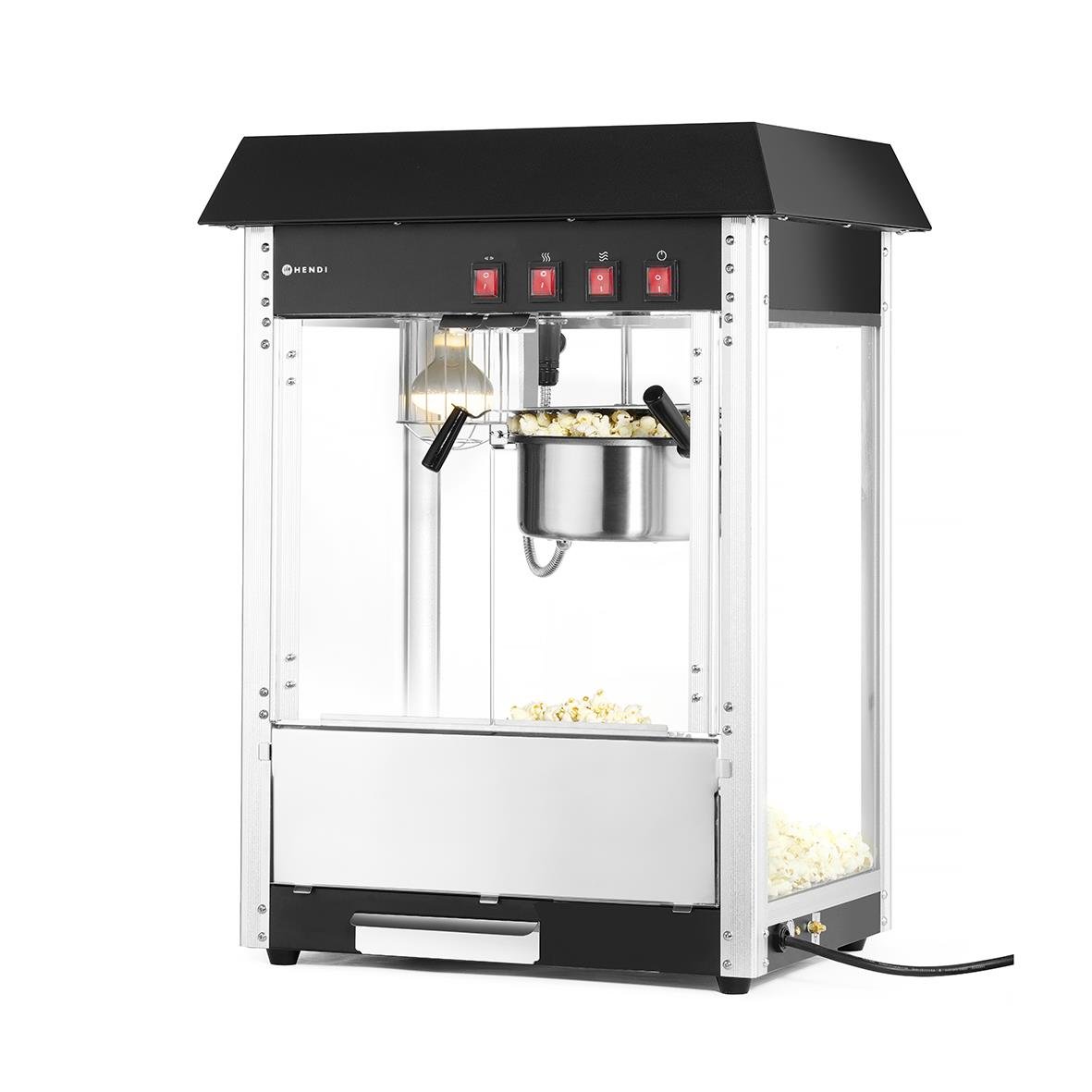 Svart popcornmaskin Hendi 230W med kapsel och värmeelement, mått 574x420x778mm
