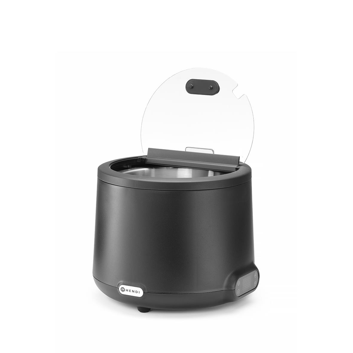 Svart elektrisk soppkittel Hendi 8L med öppen lock