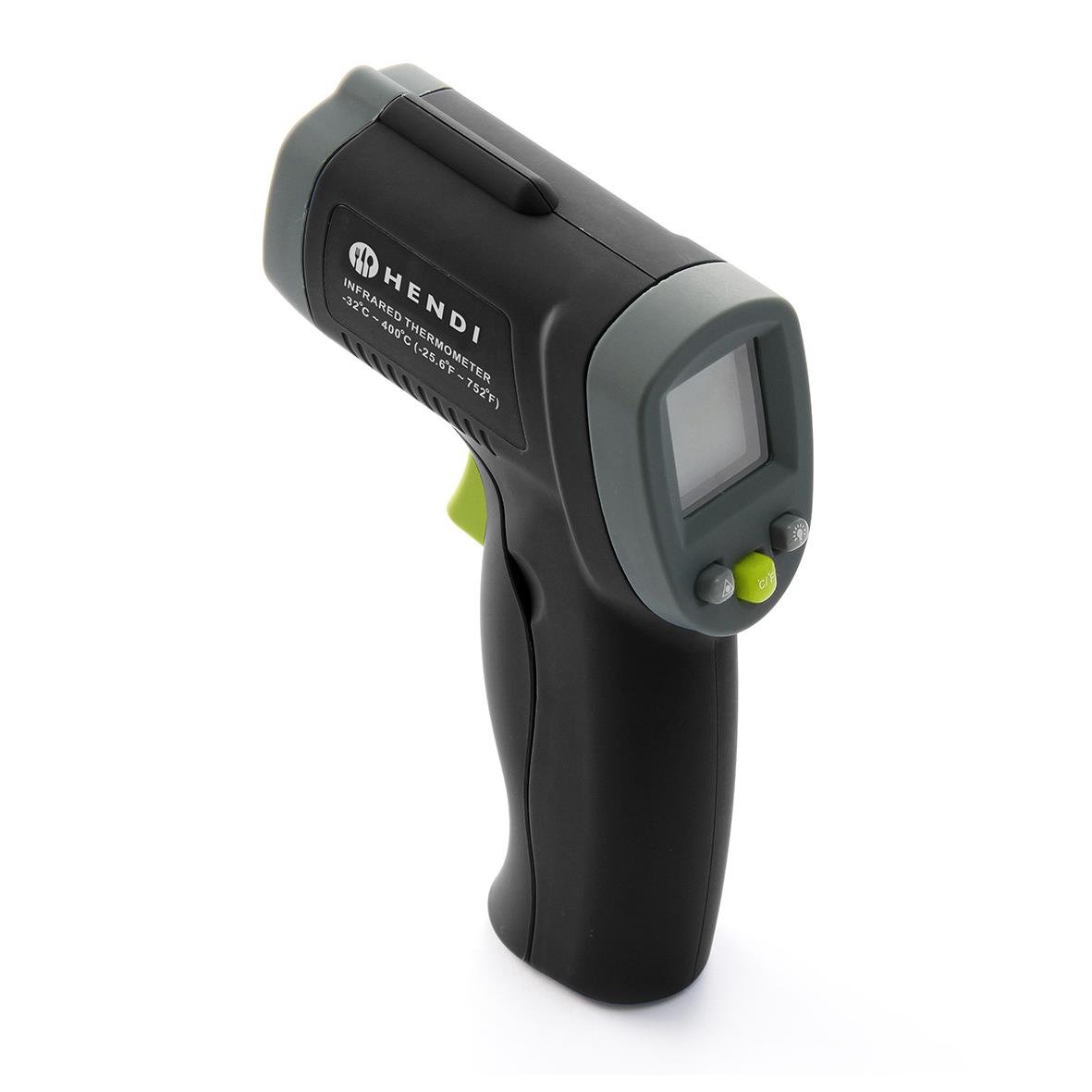 Hendi infraröd lasertermometer i svart handhållet design med digital display och knappar