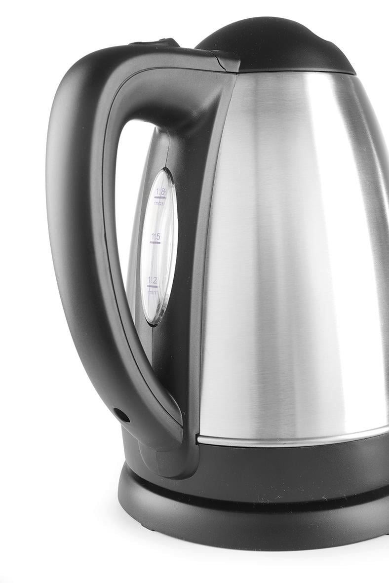 Sladdlös vattenkokare i rostfritt stål med svart handtag och lock, kapacitet 1,8L