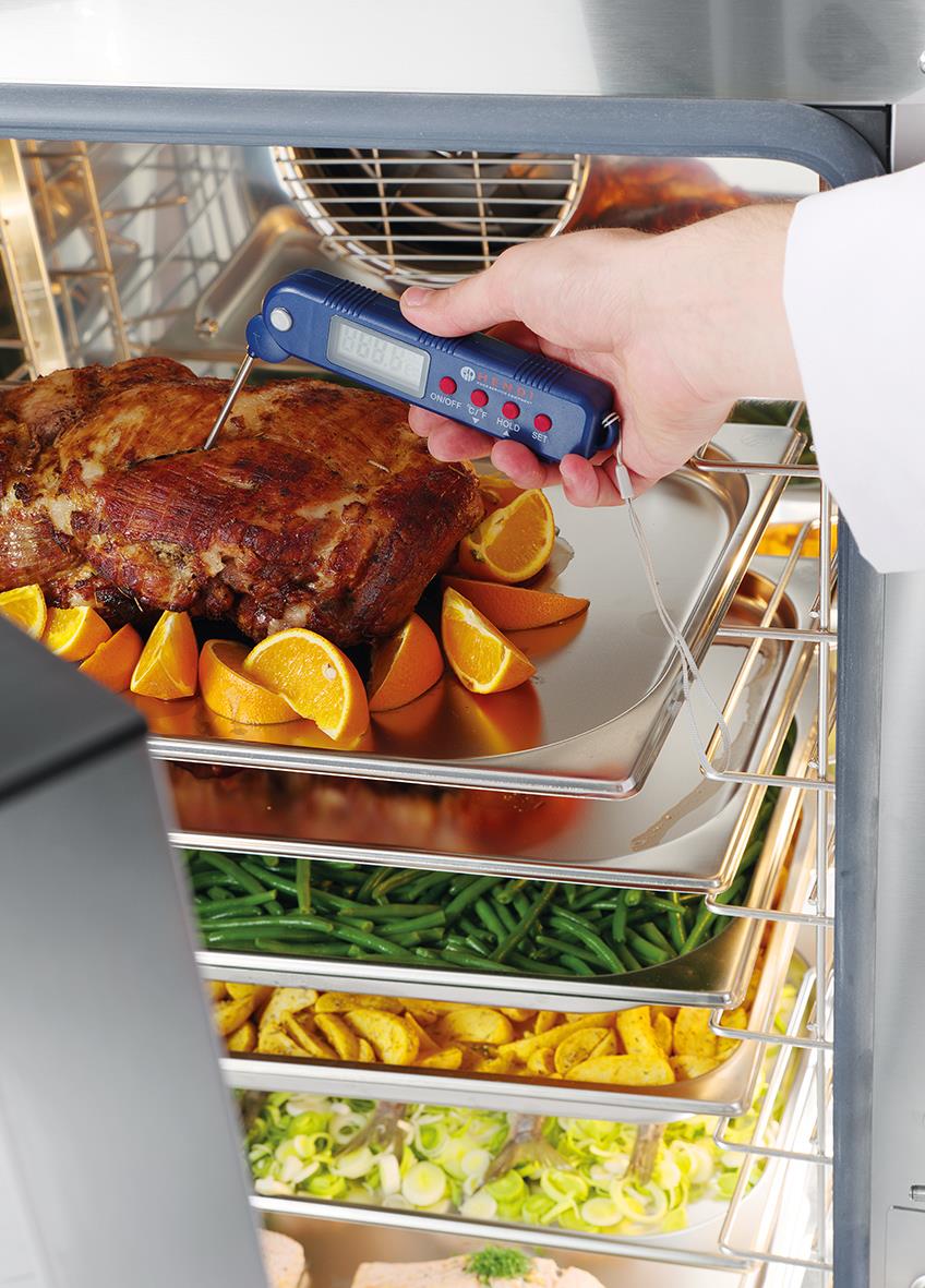 Person använder en digital kötttermometer för att kontrollera innertemperaturen på en stek i en ugn