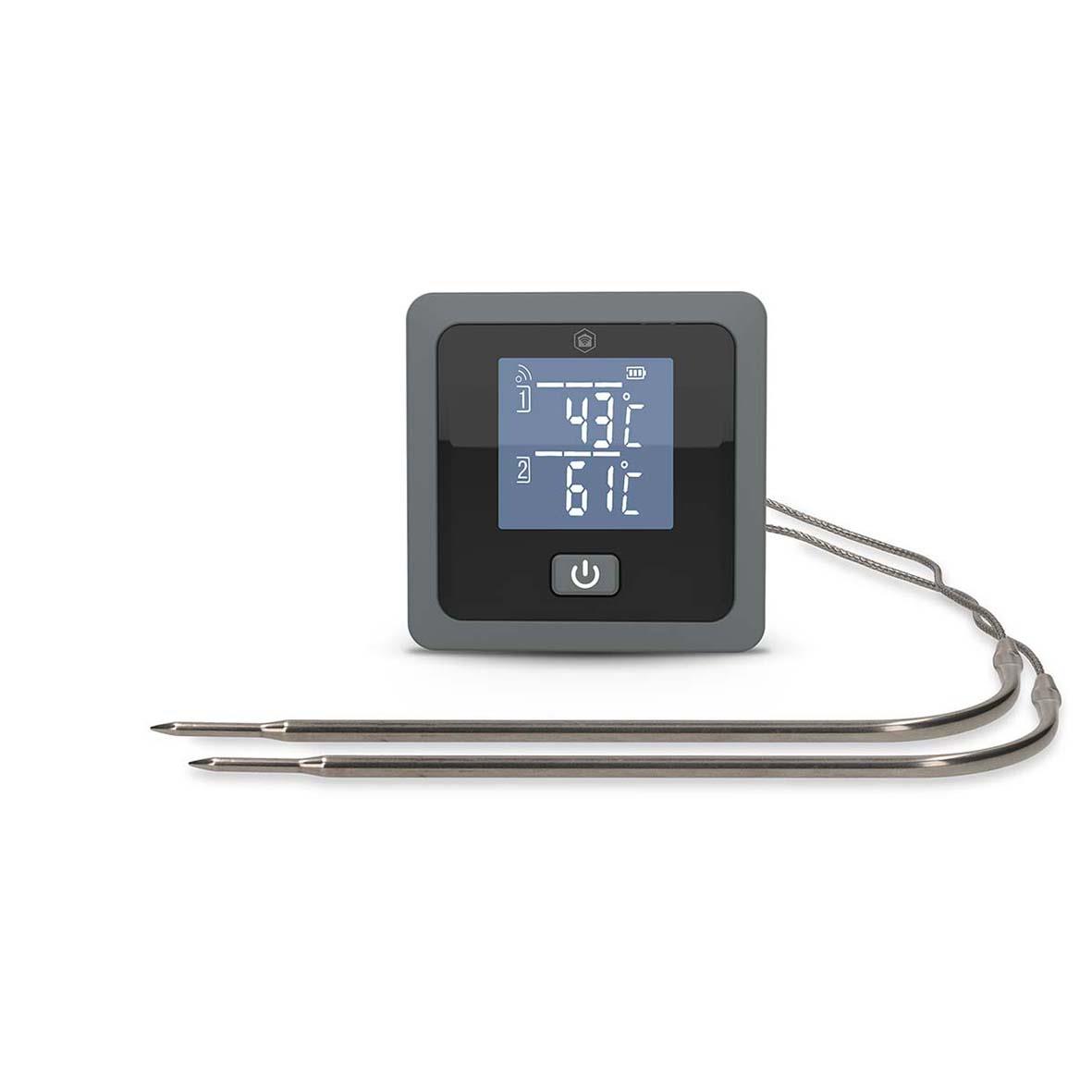 Digital termometer med två sond för att mäta temperatur, visar 43°C och 61°C på skärmen
