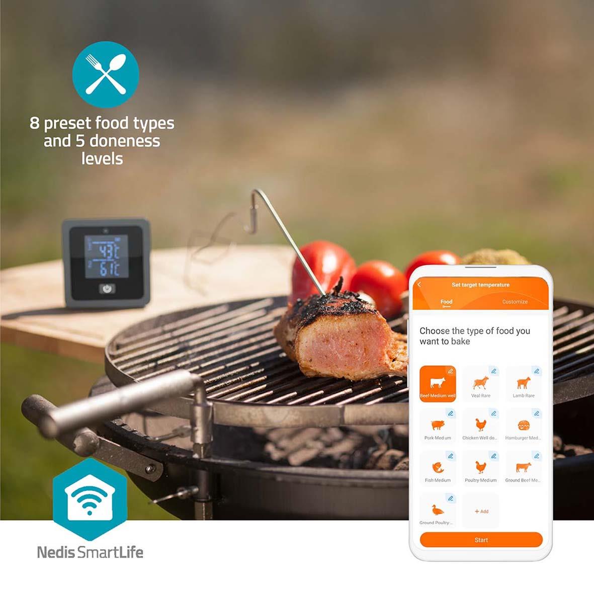 Köttermometer från Nedis SmartLife med app för att välja köttyp och nivåer, visar grillad köttbit på grillen
