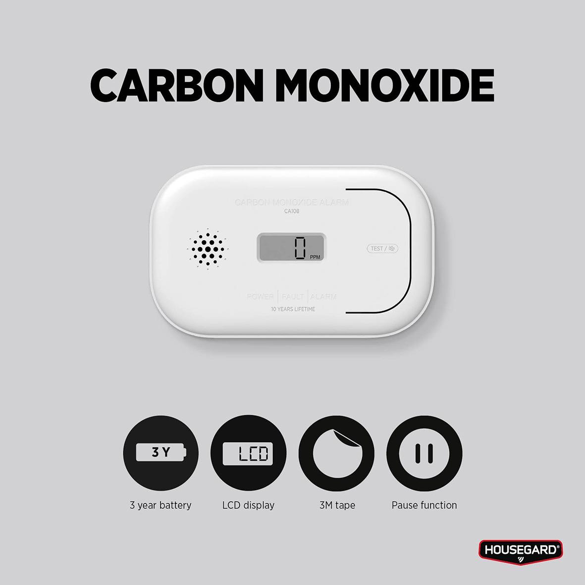Kolmonoxidlarm Housegard CA108 med LCD-skärm och treårs batteri