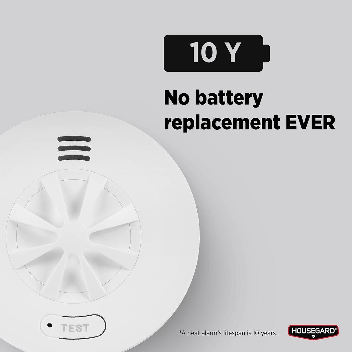 Värmevarnare Housegard Luma med inbyggt 10-årsbatteri och testknapp, ingen batteribyte krävs