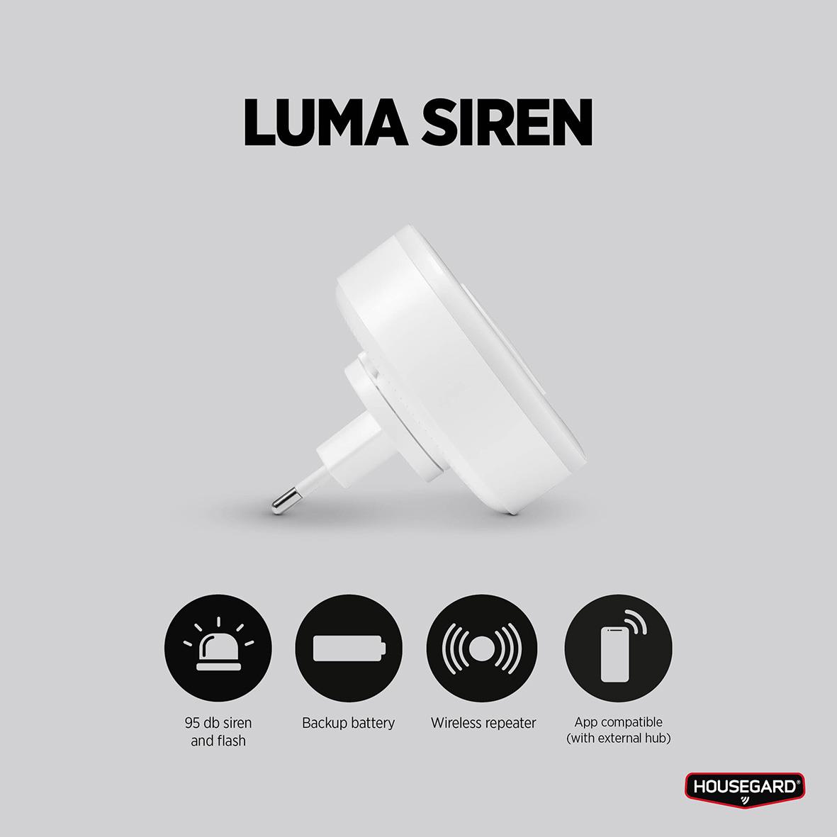 Luma Siren från Housegard med 95 dB ljud och blink, backup-batteri, trådlös repeater och app-kompatibel