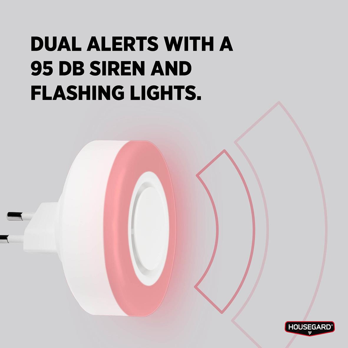 Sirén Housegard Luma med dualvarningar, 95 dB siren och blinkande ljus